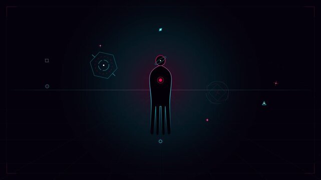 Abstract Alien Figure Standing in Dark Cyberspace with Geometric Shapes