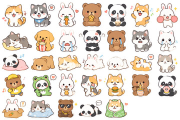 Obraz premium Cute cartoon animals including cats, dogs, pandas, and rabbits are displayed in a digital illustration sticker sheet with happy expressions and colorful designs.