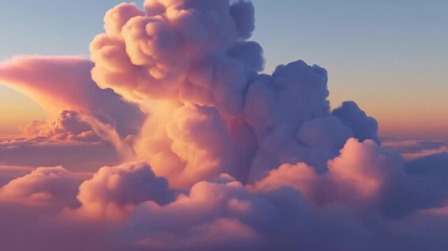 Vibrant sunset cloudscape with cumulus clouds in warm orange and purple hues against a clear blue sky