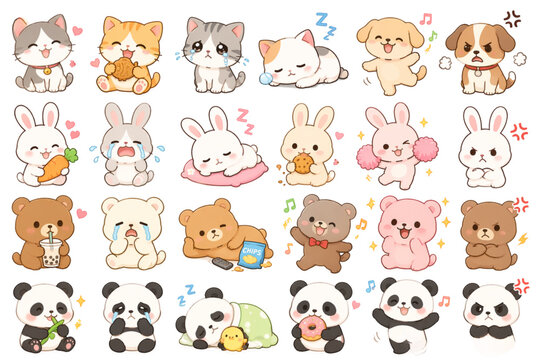 Cute cartoon animals stickers including dogs, cats, rabbits, bears, pandas, and emotes expressions.
