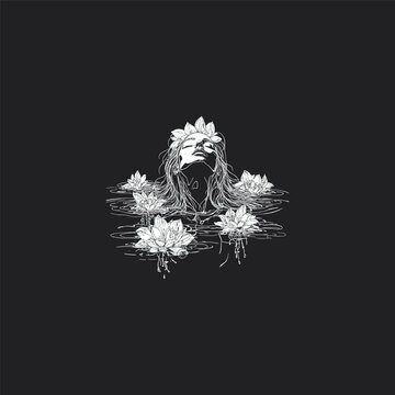 illustration of a beautiful woman face looking up, emerging from dark water surrounded by blooming lotus flowers