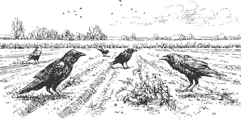 Obraz premium ravens in field black birds gathering on farmland rural countryside landscape with plants and distant trees