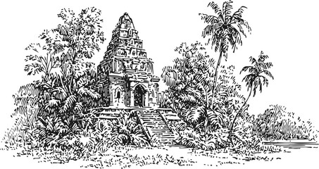 Obraz premium Ancient temple ruins surrounded by tropical trees and lush vegetation engraving illustration