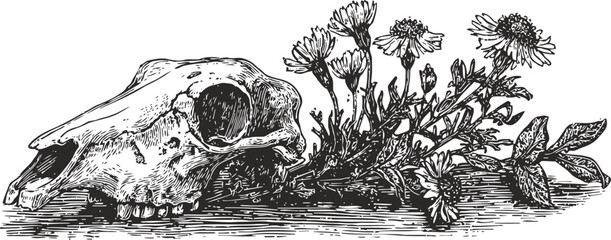Obraz premium animal skull with wildflowers lying on ground detailed vintage engraving illustration