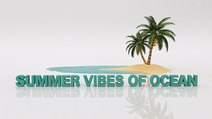 Obraz premium Palm trees stand on a small sandy island next to a turquoise ocean wave that sits behind the bold teal text which reads summer vibes of ocean on a clean white background for a tropical design.