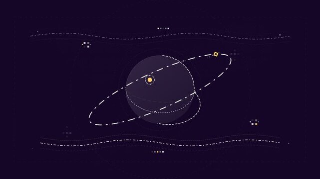 Animated minimalist planet with orbiting satellite in space motion graphic