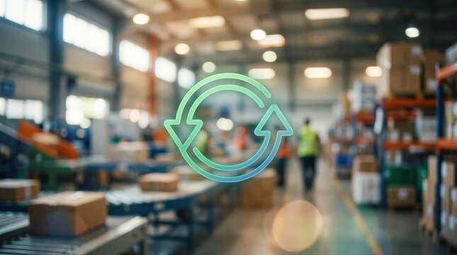 Glowing refresh icon over blurred warehouse background. E-commerce logistics and fulfillment operations concept. Supply chain tracking and automated package delivery system visualization.