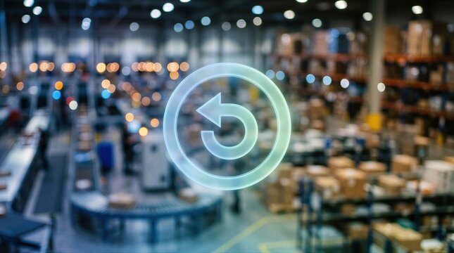Circular arrow icon representing return or refund policy in e-commerce. Digital concept of order cancellation and reverse logistics in warehouse. Business logistics and management technology.
