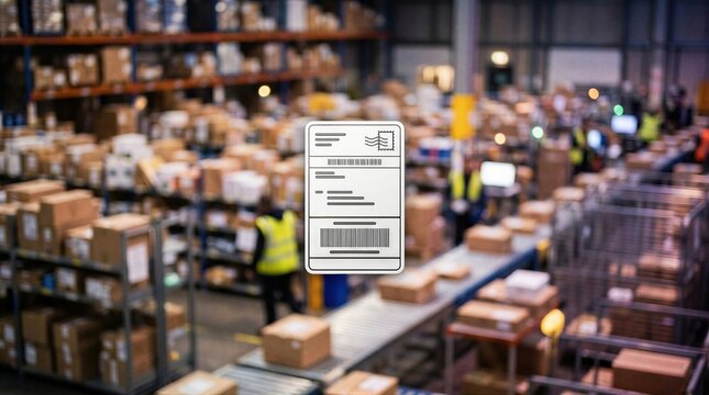Shipping label icon floating over blurred warehouse with rows of boxes. E-commerce logistics and fulfillment center operations. Concept of online retail delivery tracking and management.