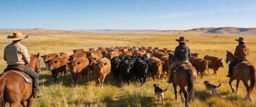 Cowboys and cowgirls on horseback moving a large cattle herd across the open range