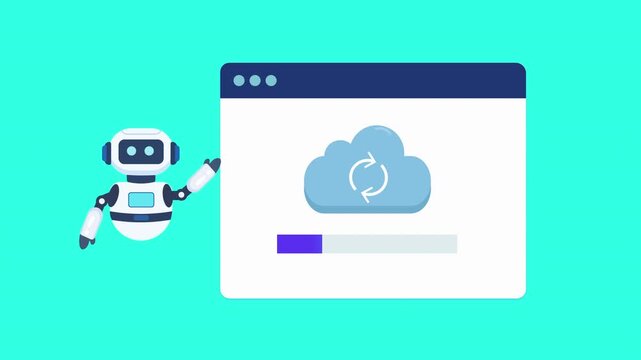 Animated robot assistant presenting a cloud refresh interface with data synchronization and progress indicator. Looping motion graphic for cloud computing, system updates, and technology concepts.