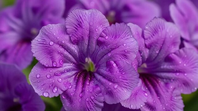 Vibrant purple ruellia flowers glistening with morning dew drops in garden