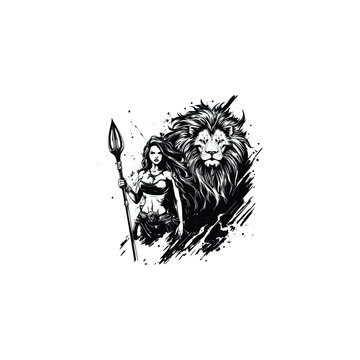 illustration of a fierce fantasy female warrior holding a spear standing next to a majestic lion