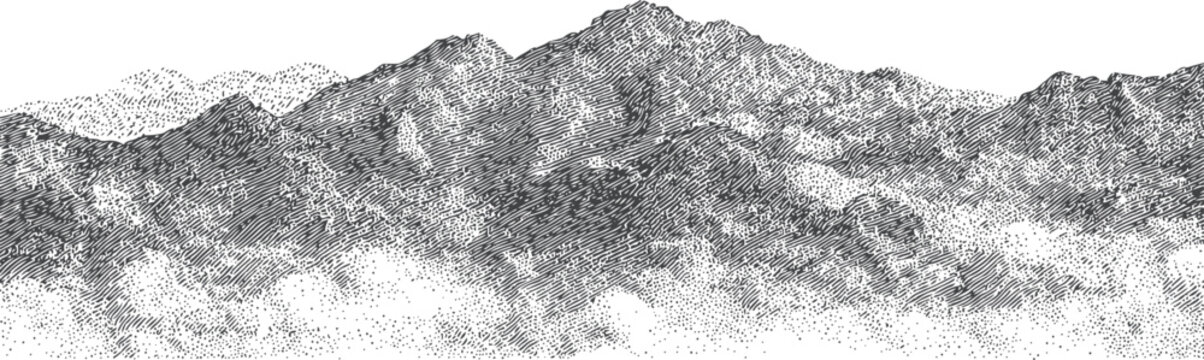 Detailed mountain range engraving hand drawn rocky peak landscape with forest texture illustration