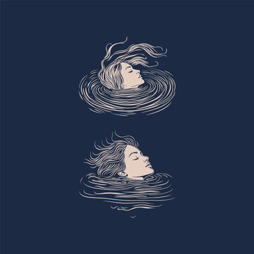 Hand drawn engraving style illustration of a beautiful woman face floating and dreaming in swirling water ripples.