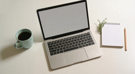 Fototapeta premium Minimalist Workspace with Laptop Mockup Blank Screen Coffee Cup and Notebook on White Table