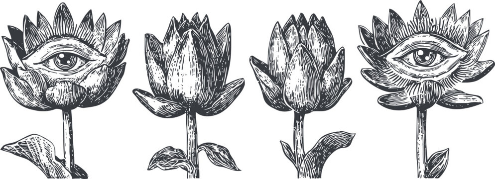 vintage hand drawn lotus flowers with all seeing eye surreal botanical sketches