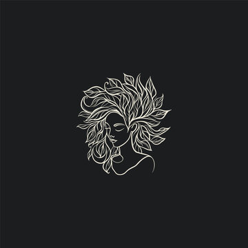 Elegant hand drawn line art illustration of a woman face profile with beautiful flowing hair made of leaves, isolated on a dark background.