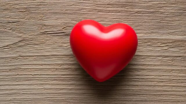 A smooth red heart shape placed centrally on a rustic brown wooden background