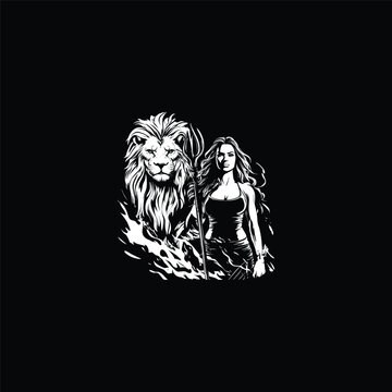 Hand drawn ink sketch illustration of a powerful warrior woman holding a trident spear standing alongside a majestic lion on a black background.