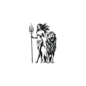 Hand drawn ink sketch of a powerful warrior woman holding a trident spear standing next to a roaring lion, isolated on white background.