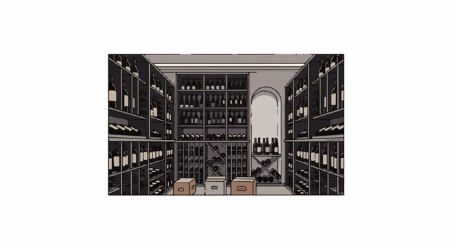 Interior of a cellar filled with numerous bottles on shelves