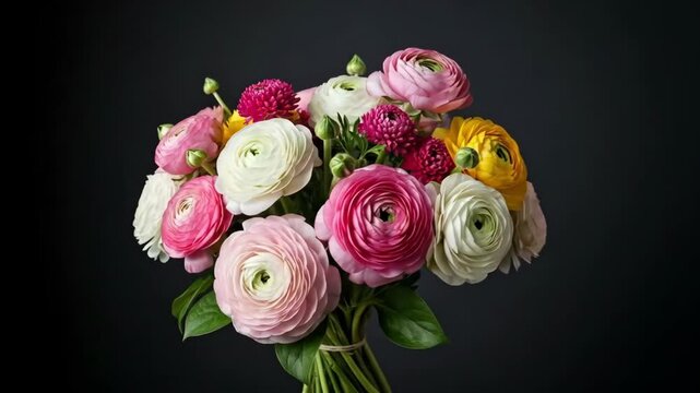 A vibrant bouquet of multi-colored ranunculus flowers on a dark background