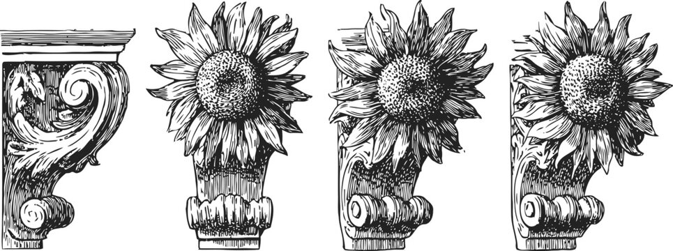 sunflower ornamental corbels set hand drawn floral decorative architectural elements