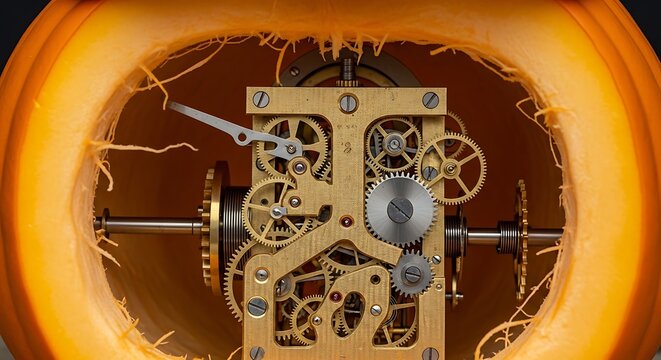 Clockwork mechanism inside a hollowed orange pumpkin for autumn concept