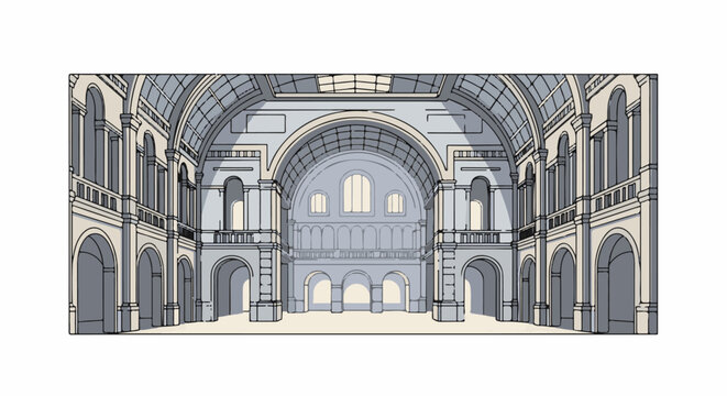 Grand interior of a classical building with arches and a vaulted ceiling