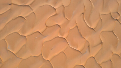 Down aerial view of desert sand dunes forming intricate cellular patterns and textures across the vast arid landscape surface area © Monir