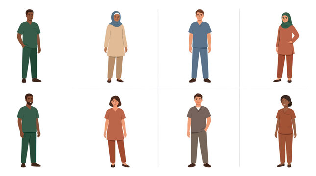 Diverse Healthcare Professionals in Scrubs - Flat Design Vector Illustration of Medical Staff