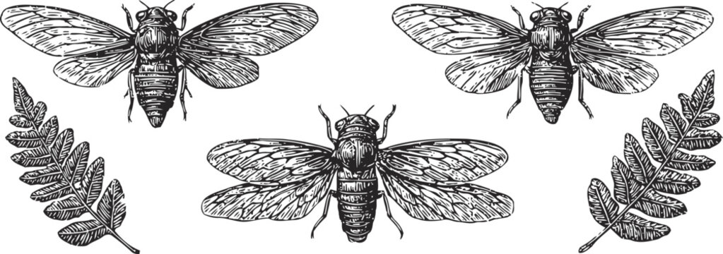 vintage engraving cicadas with detailed wings and fern leaves botanical illustration