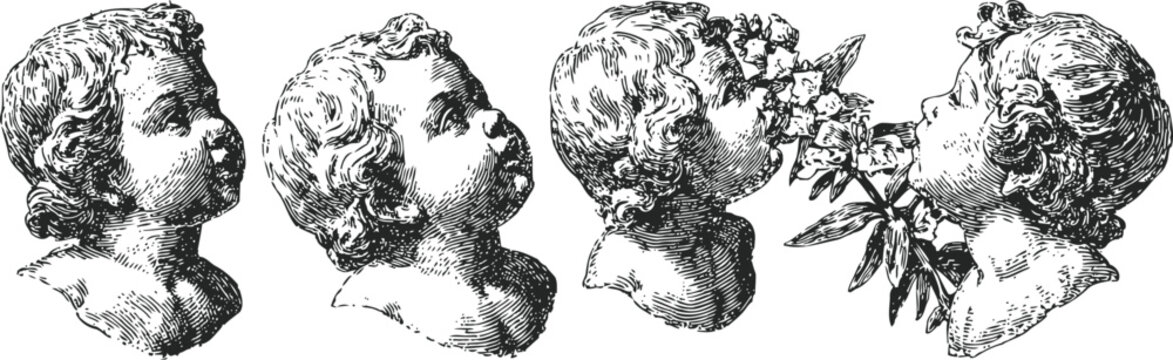 vintage engraving of cherub heads with floral elements, classical ornamental design