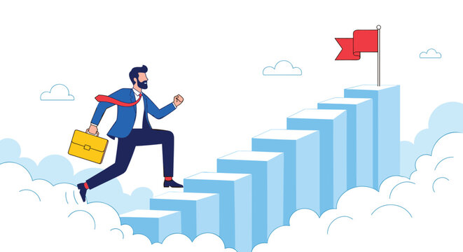 Motivated businessman carrying a yellow briefcase as he runs up a flight of stairs rising through white clouds towards a flag.