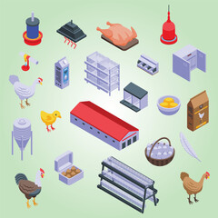 Chicken poultry farm icons set isometric vector feed production cockerel country produce fresh coop protein free range chickens cooking organic local barnyard hatch eggs © enggartiasto