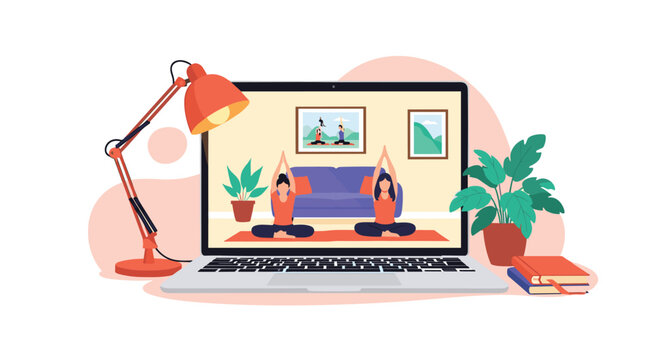 Home workspace featuring a laptop screen with a virtual yoga class for remote wellness and fitness activities.