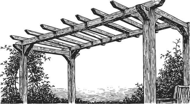 Wooden pergola sketch garden structure arbor trellis outdoor shade illustration