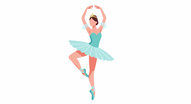 A ballerina in a light blue tutu and tiara gracefully poses on pointe