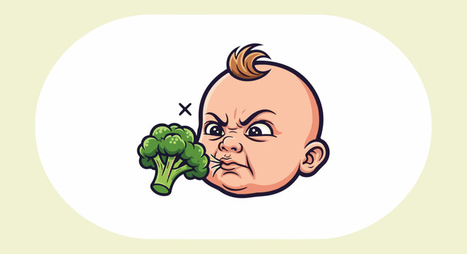 A baby recoils from broccoli, showing disgust and distaste, with an "X" symbol