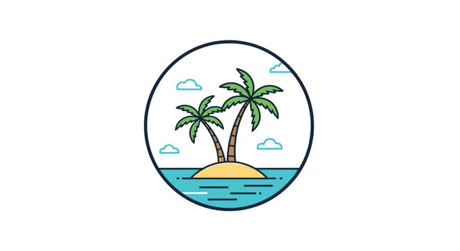 Tropical paradise island with two palm trees on a small patch of sand surrounded by ocean water inside a circular frame.