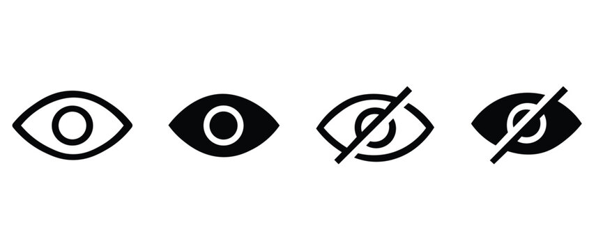 Minimalist eye icon set for visibility and privacy, black outline and solid eye symbols, 4 vector icons for web interface design