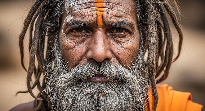 Close up portrait of an Indian sadhu with dreadlocks and tilak mark