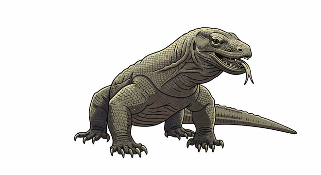 A detailed pixel-art illustration of a large, grey Komodo dragon with its tongue flicking
