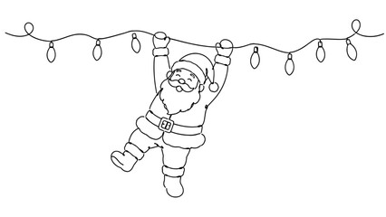Fototapeta premium Cheerful Santa Claus hanging from festive string lights, symbolizing holiday celebrations, Christmas decorations, seasonal joy and winter traditions.