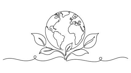 Obraz premium Simple continuous line drawing of a world globe surrounded by leaves, representing environmental protection and sustainable living.