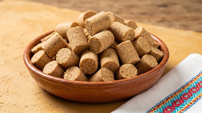 Commercial high-fidelity food photography of traditional Brazilian pa&ccedil;oca peanut candy cylinders in a rustic ceramic bowl &ndash; premium product packaging, gourmet confectionery advertising, and editorial 
