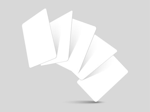 Flying Blank Playing Card and RFID Business Card Mockup Set with Floating White Poker Cards Casino Invitation and Credit Card Template Vector