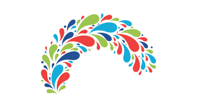 Abstract arc of colorful teardrop shapes in shades of blue green and red creating a vibrant decorative pattern.