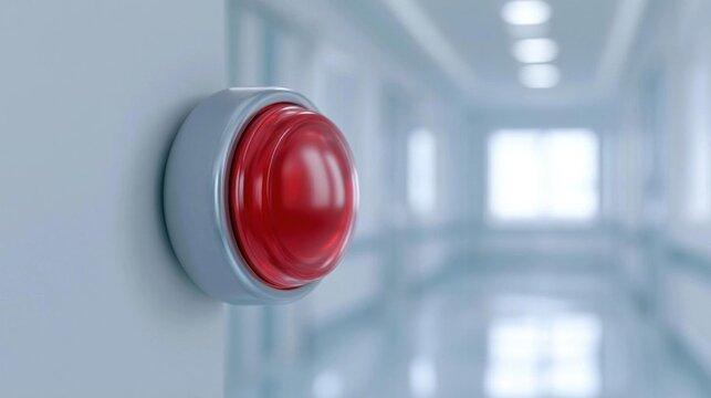 Red push button on a white wall in a hallway. the push button is round and has a silver rim.
